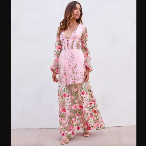 green emerald velvet dress Ethereal Bloom Tiered Embroidered Midi Dress  VICI
